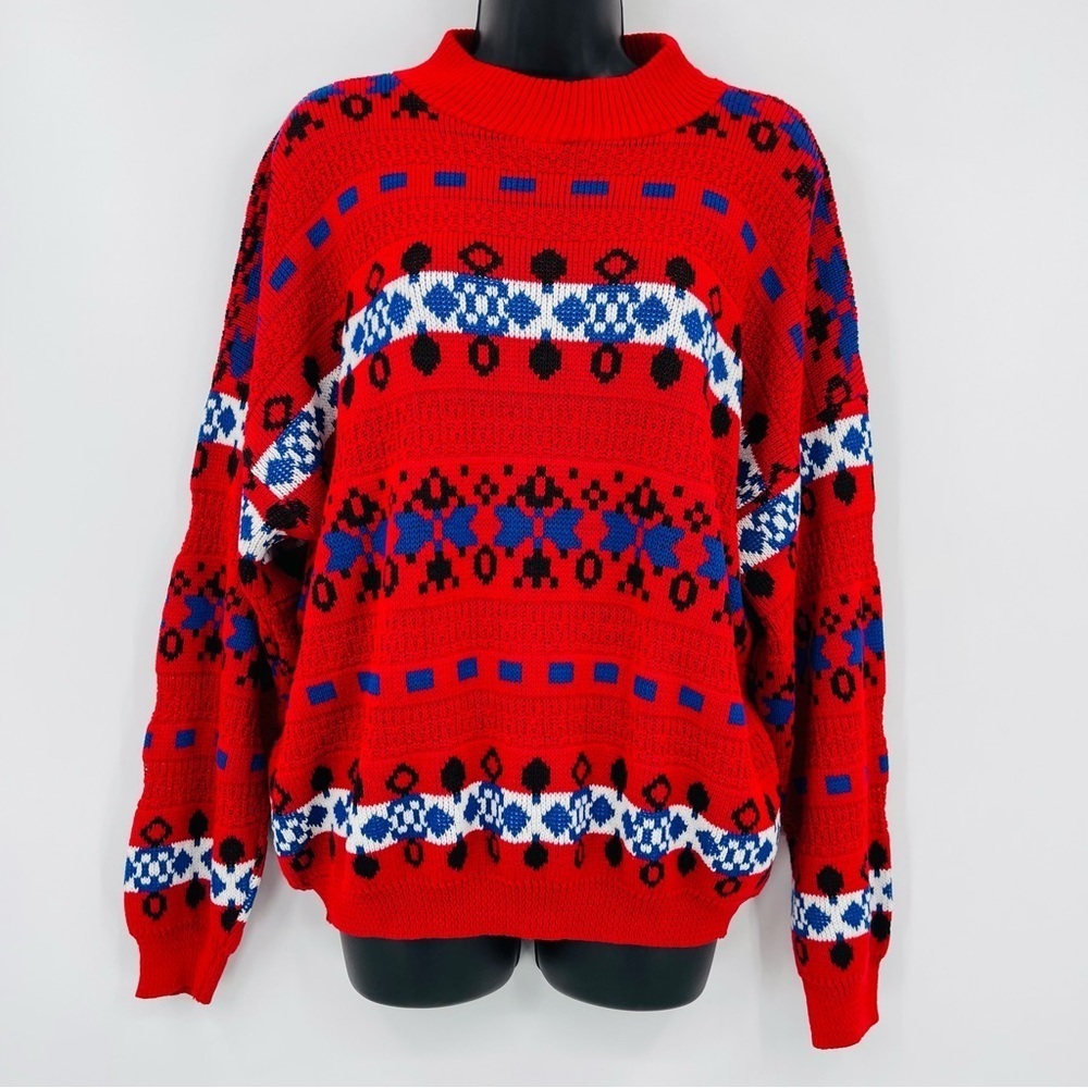 Vintage Jamkints Sweater Mens M Red Blue Stripe Geometric Chunky Knit 80s